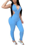 Blue Fashion Sexy Patchwork Backless Hollow Solid Polyester Sleeveless V Neck Jumpsuits