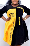 Yellow Casual Print Letter O Neck Pleated Dresses