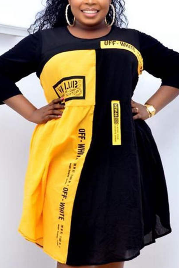 Yellow Casual Print Letter O Neck Pleated Dresses