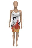 White Fashion Sexy Print Backless Spaghetti Strap Sleeveless Dress