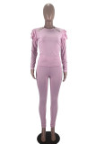 Pink Work Daily Solid Patchwork Flounce O Neck Long Sleeve Two Pieces