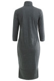 Grey Fashion 3/4 Length Sleeves Turtleneck Slim Dress Knee-Length Polka Dot Vintage Dresses
