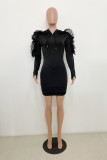 Black Fashion Sexy Solid Patchwork Hooded Collar Long Sleeve Dresses