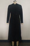 Black Sexy Fashion Cap Sleeve Long Sleeves Hooded Asymmetrical Ankle-Length Patchwork Long Sleeve Dresses