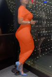 Tangerine Red Sexy Solid Patchwork O Neck Short Sleeve Two Pieces