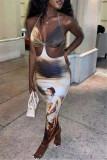 Multicolor Fashion Sexy Print Backless Strap Design Halter Sleeveless Dress