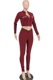 Wine Red Fashion Casual Adult Letter Letter O Neck Long Sleeve Regular Sleeve Short Two Pieces