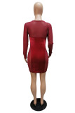 Color Blue Work Daily Solid Hollowed Out Patchwork See-through Pencil Skirt Dresses