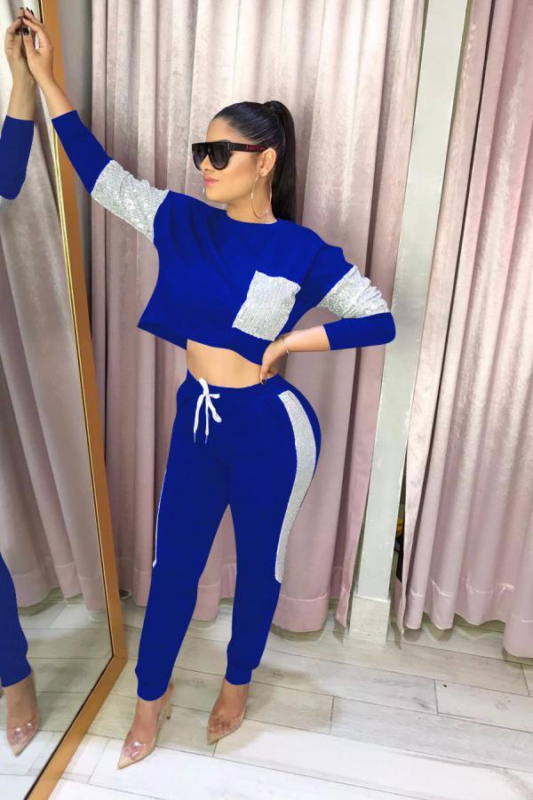Blue Casual Two Piece Suits Solid Patchwork pencil Long Sleeve Two-piece Pants Set