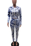 Peacock blue Casual Print Tie-dye Hooded Collar Long Sleeve Two Pieces