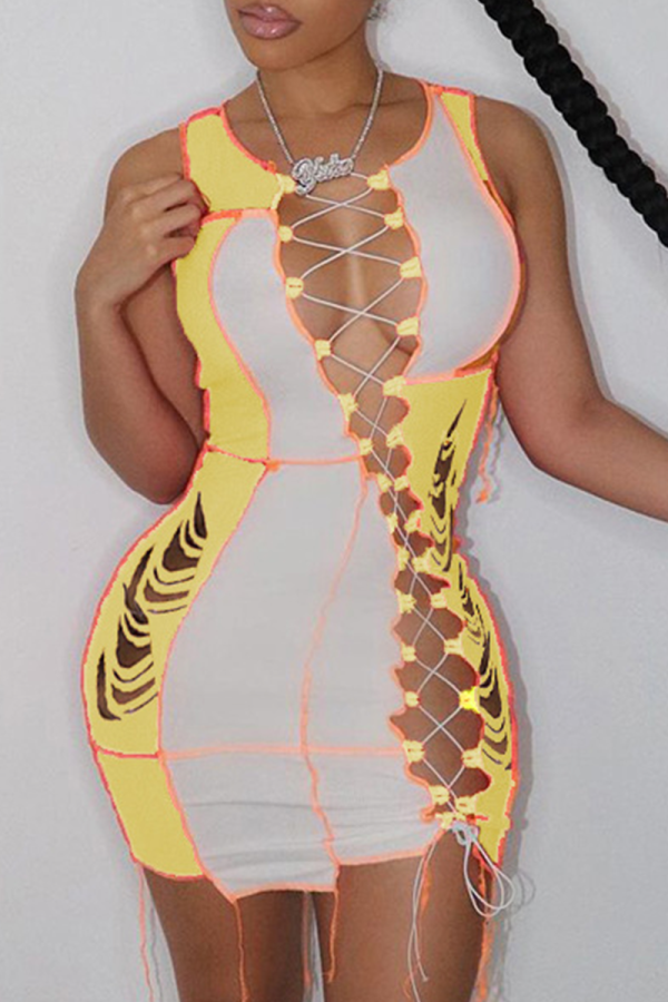 Yellow Sexy Patchwork Hollowed Out V Neck Pencil Skirt Dresses