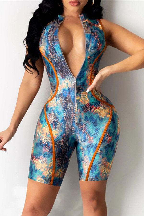 Cyan Fashion Casual Print Basic Zipper Collar Regular Rompers