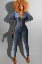 Blue and gray Sexy Solid zipper Polyester Long Sleeve O Neck Jumpsuits