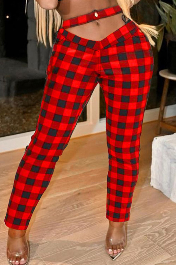 Red Fashion Casual Plaid Print Hollowed Out Plus Size Trousers