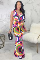 Multi-color Polyester Sexy Fashion Tank Sleeveless V Neck Step Skirt Ankle-Length Patchwork Print Club Dresses