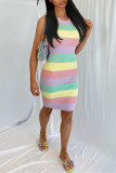 Multicolor Fashion Sexy Striped Print Basic O Neck Sleeveless Dress