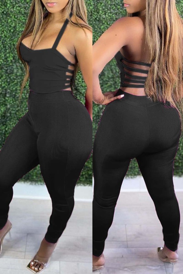 Black Sexy Casual Solid Backless Spaghetti Strap Sleeveless Two Pieces