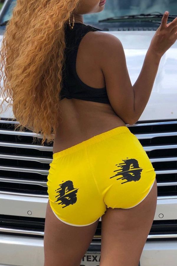 Yellow Casual Sportswear Print Basic Regular Mid Waist Shorts