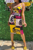 Yellow Fashion Sexy Print Backless Spaghetti Strap Sleeveless Dress