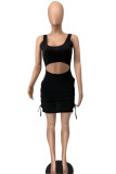 Black Fashion Sexy Solid Hollowed Out Strap Design U Neck Vest Dress