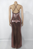 Champagne Fashion Sexy Solid Backless Slit Spaghetti Strap Evening Dress
