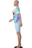 Green venetian Fashion Casual adult Ma'am Patchwork Print Character Tie Dye Two Piece Suits pencil Short Sleeve Two Pieces