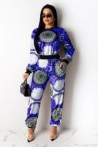 Blue Polyester Casual Fashion adult Patchwork Two Piece Suits Print pencil Long Sleeve Two-piece Pants S