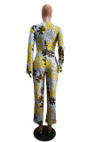 Yellow Sexy Print Without Belt V Neck Jumpsuits