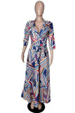 Multi-color Sexy Fashion Cap Sleeve 3/4 Length Sleeves V Neck A-Line Floor-Length Print Patchwork 
