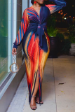 Multicolor Sexy Print Slit V Neck Long Sleeve Dresses