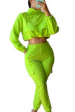 Fluorescent green Casual Sportswear Solid Turtleneck Long Sleeve Short Two Pieces