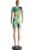 Multi-color Polyester Sexy Fashion Patchwork Tie Dye Print pencil Short Sleeve Two-Piece Short Set