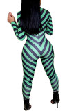 Green Fashion street Striped Milk. Long Sleeve O Neck Jumpsuits