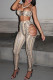 Khaki Fashion Sexy Print Hollowed Out Strap Design Spaghetti Strap Sleeveless Two Pieces