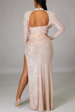 Apricot Fashion Sexy Patchwork Sequins Slit Half A Turtleneck Long Sleeve Dress