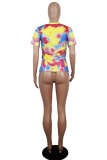 purple White Blue Yellow purple colour Polyester O Neck Short Sleeve Patchwork Print Character Tops