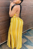 Yellow Fashion Sexy Striped Print Backless Spaghetti Strap Sling Dress
