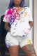 White Fashion Casual Print Basic O Neck Short Sleeve Two Pieces