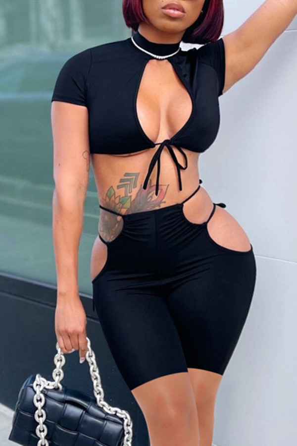 Black Fashion Sexy Solid Hollowed Out Strap Design Half A Turtleneck Short Sleeve Two Pieces