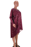 Wine Red Print Patchwork O Neck Irregular Dress Dresses