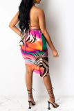Multicolor Sexy Print Draw String Halter Sleeveless Two Pieces