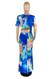 Blue Fashion Casual Print Hollowed Out Tie-dye O Neck Short Sleeve Dress