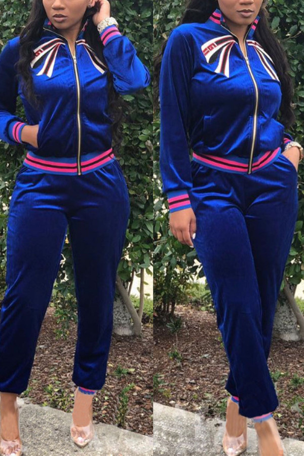 Blue British Style Patchwork Embroidered Sequins Zipper Collar Long Sleeve Two Pieces