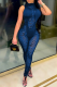 Blue Sexy Animal Print Mesh Turtleneck Skinny Jumpsuits