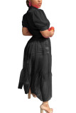 Black Fashion Casual Patchwork Solid Mesh With Belt Turndown Collar Swagger Dresses