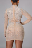 Apricot Sexy Split Joint Half A Turtleneck Wrapped Skirt Dresses