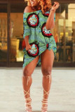 multicolor Fashion Sexy One Shoulder Half Sleeves one shoulder collar Step Skirt Knee-Length Print Dresses