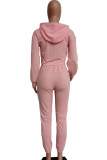 Pink Fashion Street Adult Polyester Solid Split Joint Hooded Collar Long Sleeve Regular Sleeve Short Two Pieces