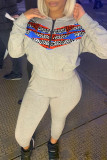 Grey Fashion Casual Print Split Joint Hooded Collar Long Sleeve Two Pieces