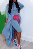 Blue Casual Solid Patchwork O Neck Long Sleeve Two Pieces